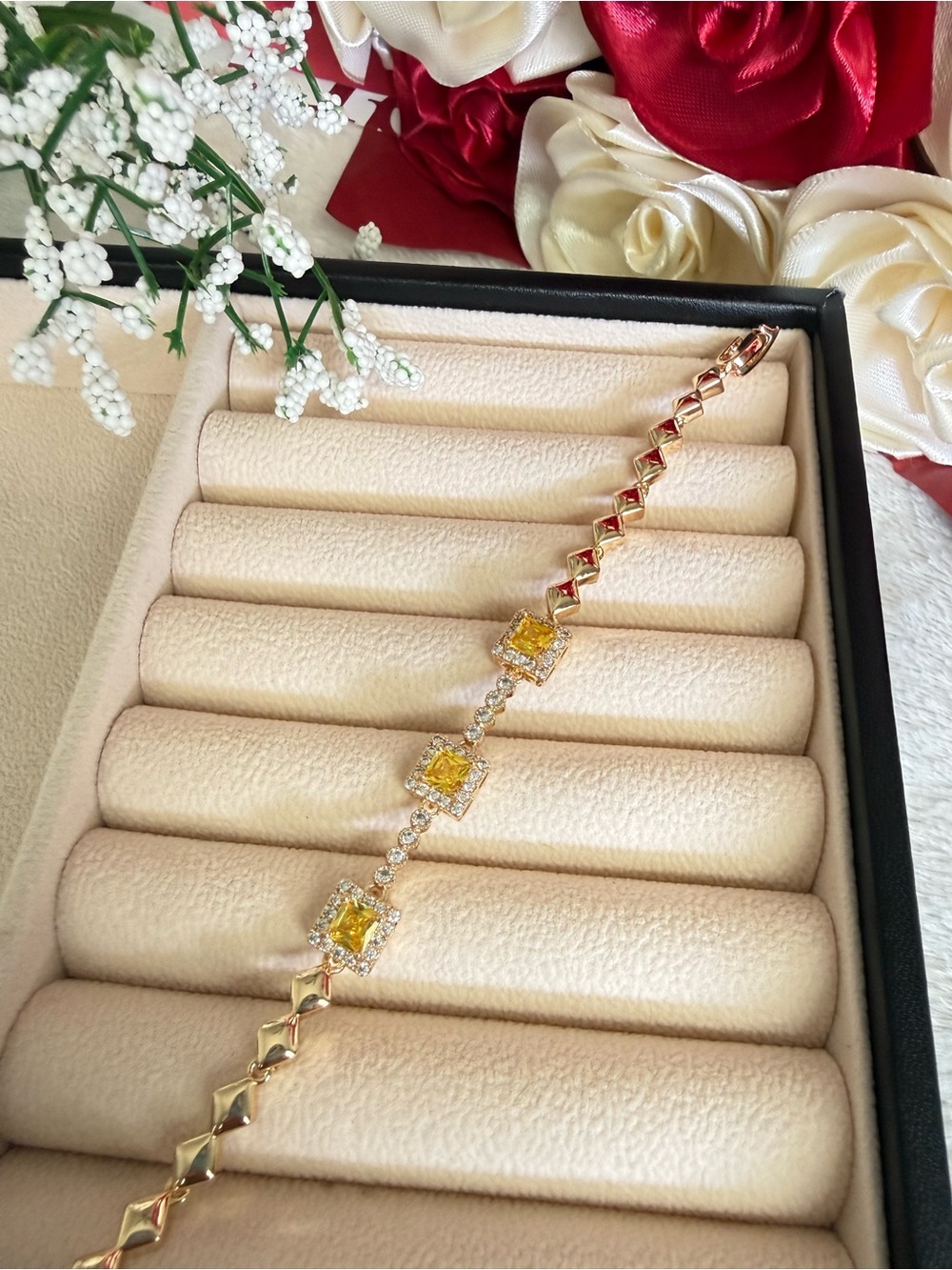 Cubic zirconia gold plated bracelet- gold tone yellow gemstone